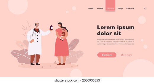 Pediatrician giving mother medicine for child. Woman holding baby, consulting old doctor flat vector illustration. Pediatrician, healthcare he concept for banner, website design or landing web page