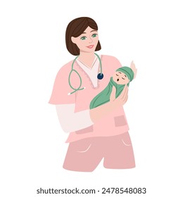 Pediatrician holding a baby in her arms. Vector hand drawn illustration. International Doctor"s day. A smiling pediatric female doctor with stethoscope holds a newborn baby.