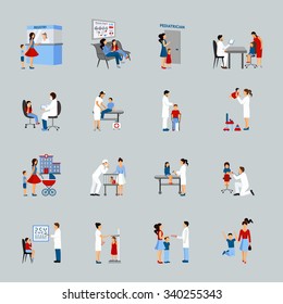 Pediatrician icons set with doctors children and parents silhouettes isolated vector illustration