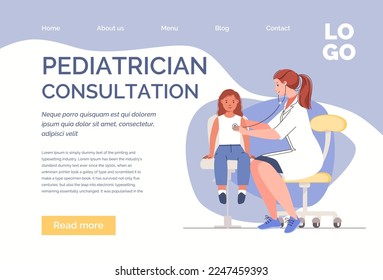 Pediatrician, leads reception in children's clinic. Young smiling female doctor examines little girl. Vector characters flat cartoon illustration. Landing page template.