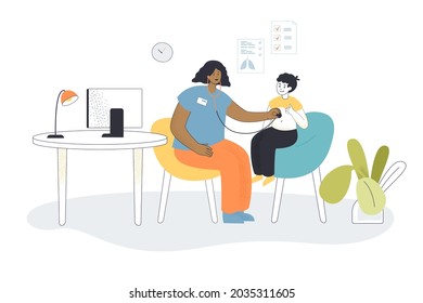 Pediatrician Listening To Boy With Stethoscope Or Hearing Aid. Pediatric Physical Exam, Child Health Assessment Flat Vector Illustration. Pediatrics Concept For Banner, Website Design Or Landing Page