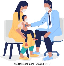 Pediatrician listening to kid with stethoscope semi flat color vector characters. Full body people on white. Annual checkup isolated modern cartoon style illustration for graphic design and animation