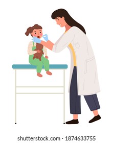 Pediatrician looks at the throat of a little girl with a special device. Doctor examines ill child. Cartoon female character holding a teddy bear at appointment with doctor. Physician works at clinic