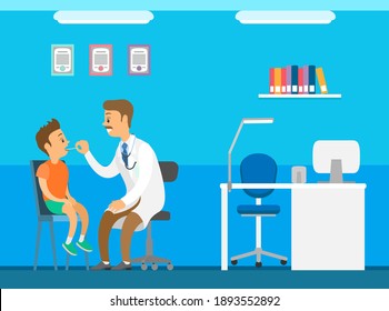 Pediatrician looks at the throat of a small boy with a special device heals the larynx of a child. Doctor examines ill kid in hospital. Cartoon male character physician works at clinic heals children