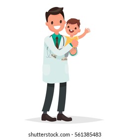 Pediatrician man holds  a healthy cheerful baby. Vector illustration in a flat style