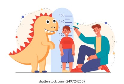 El pediatra mide la estatura. El hombre mide la altura del cuerpo. Niño de pie cerca del centímetro. Examen médico e investigación, cita. Ilustración vectorial plana aislada sobre fondo blanco