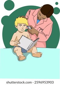Pediatrician measures temperature through ear thermometer to a small baby. Vector illustration.