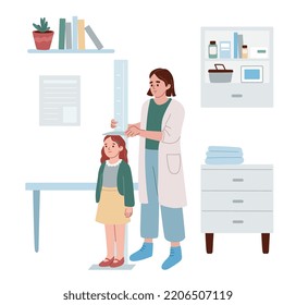 Pediatrician measuring child’s height using stadiometer.  Mother and child in doctor’s office. Scheduled checkup, examination of health. Pediatric. Vector 