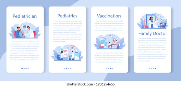 Pediatrician mobile application banner set. Doctor examining a child