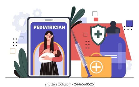 Pediatrician mother and child. Woman with baby at hands near syringe and first aid kits. Health care and treatment, medicine, diagnosis. Cartoon flat vector illustration isolated on white background