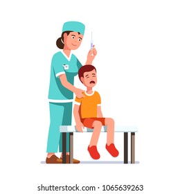 Pediatrician Nurse Or Doctor Woman Holding Syringe Preparing To Make An Medical Drug Injection To Crying Boy Kid Afraid Of The Needle. Flat Style Isolated Vector Illustration