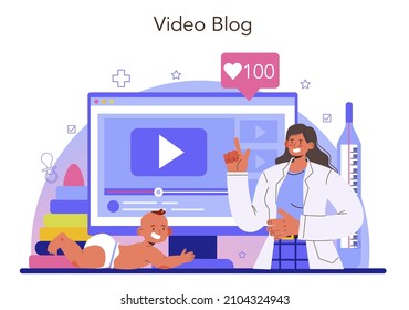 Pediatrician Online Service Or Platform. Doctor Examining A Child With Stethoscope. Medical Treatment And Care For Kids. Video Blog. Flat Vector Illustration