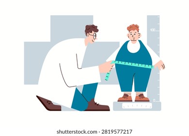 Pediatrician performs obesity screening by measuring waist, height and weight to evaluate child's growth and health. Vector character illustration.
