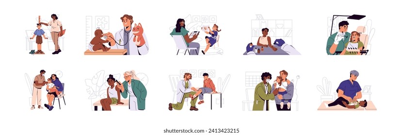 Pediatrician set. Doctors examine children. Medic workers care about kids health. Baby patients in hospital. Different pediatric healthcare specialists. Flat isolated vector illustration on white