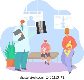 Pediatrician showing an X-ray to a child and mother in clinic. Mom holding a toddler, kid with a plush toy, doctor with clipboard vector illustration. Healthcare, family doctor visit, medical checkup.