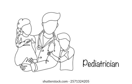 A pediatrician surrounded by his patients. Children hug the doctor. A pleasant visit to the doctor for health issues. Caring for the health of young patients. Pediatrician and children.