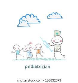 pediatrician with a syringe runs for children