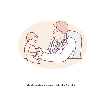 Pediatrician is taking care of baby in hospital. Little girl is being examine by doctor with stethoscope. Hand drawn style vector design illustrations.