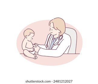 Der Kinderarzt kümmert sich im Krankenhaus um das Baby. Das kleine Mädchen wird von einem Arzt mit Stethoskop untersucht. Handgezeichnete Stil Vektorgrafik Design Illustrationen.