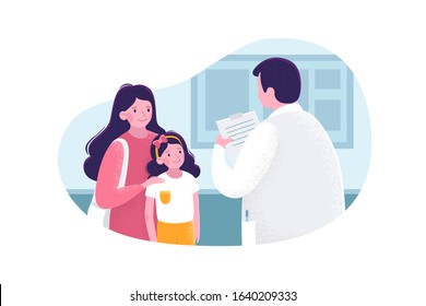 Pediatrician talking with child patient and mom. Pediatric checkup of the child. Girl and mother at the doctor’s appointment. Vector stock illustration isolated on white background. Flat style.