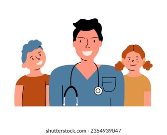 Pediatrician together with children, girl and boy. Vector illustration in hand drawn style.