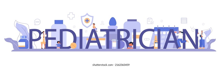 Pediatrician typographic header. Doctor examining a child with stethoscope. Medical treatment and care for kids. Flu treatment and vaccination. Isolated flat vector illustration