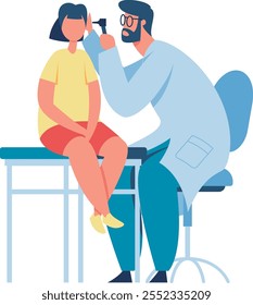 Pediatrician using otoscope for ear examination of young patient sitting on examination table during medical consultation in hospital or clinic