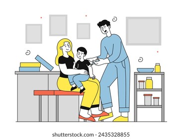 Pediatrician vaccinating doodle. Man with syringe in medical uniform. Health care and treatment. Mother with son came to doctor. Simple flat vector illustration isolated on white background