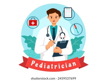 Pediatrician Vector Illustration with Examines Sick Kids for Medical Development, Vaccination and Treatment in Flat Cartoon Background Design
