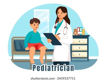 Pediatrician Vector Illustration with Examines Sick Kids for Medical Development, Vaccination and Treatment in Flat Cartoon Background Design