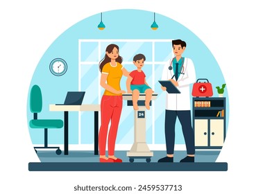 Ilustración vectorial pediátrica con niños enfermos para el desarrollo médico, vacunación y tratamiento en diseño de fondo de dibujos animados planos