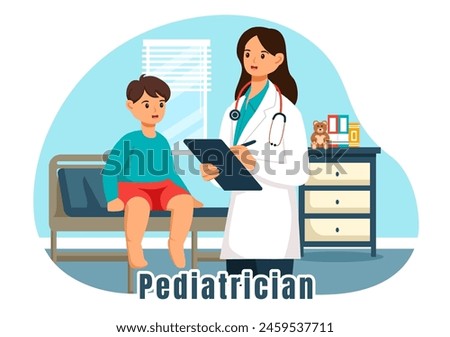 Pediatrician Vector Illustration with Examines Sick Kids for Medical Development, Vaccination and Treatment in Flat Cartoon Background Design