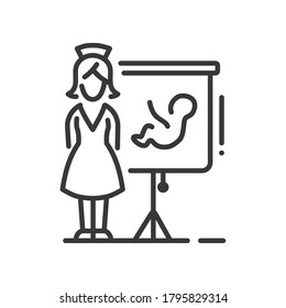 Pediatrician - vector line design single isolated icon on white background. High quality black pictogram. Image of a doctor standing at a flip chart with a baby image. Healthcare and medicine idea