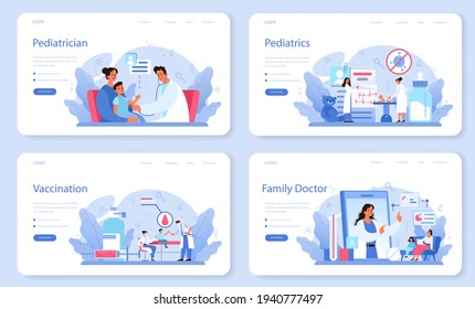 Pediatrician web banner or landing page set. Doctor examining a child