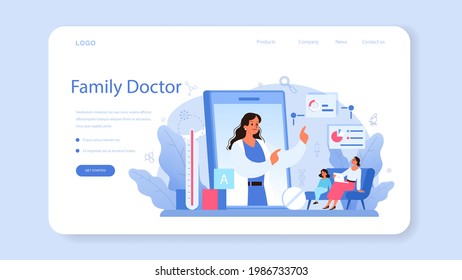 Pediatrician web banner or landing page. Doctor examining a child with stethoscope. Idea of health and medical treatment for kids. Flu treatment and vaccination. Isolated flat vector illustration