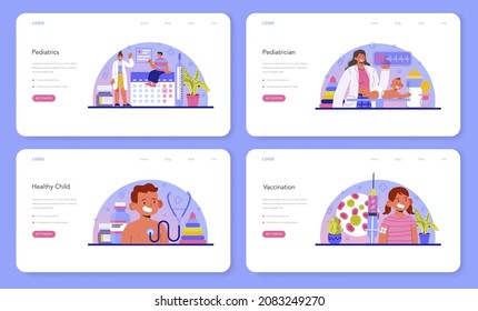 Pediatrician Web Banner Or Landing Page Set. Doctor Examining A Child With Stethoscope. Medical Treatment And Care For Kids. Flu Treatment And Vaccination. Isolated Flat Vector Illustration