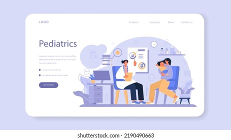 Pediatrician web banner or landing page. Doctor examining a child with stethoscope. Medical treatment and care for kids. Flu treatment and vaccination. Isolated flat vector illustration