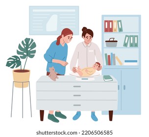 Pediatra que pesa a un bebé en la escala del bebé. Madre e hijo en el consultorio médico. Control, examen de salud. Control de la salud del bebé de pies a cabeza. Visita para niños. Ilustración vectorial plana.