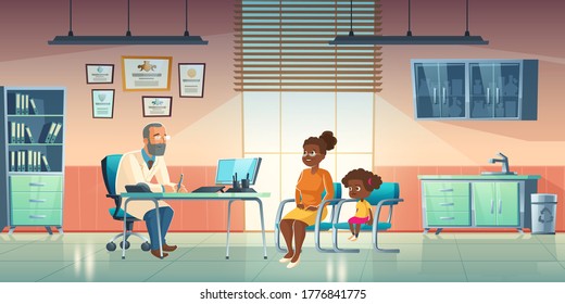 Pediatrician and woman with girl sit in medical office. Vector cartoon illustration of cabinet interior in hospital or clinic with male doctor and child patient with mother