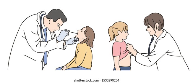 Pediatricians. Doctors are treating young children. hand drawn style vector design illustrations.
