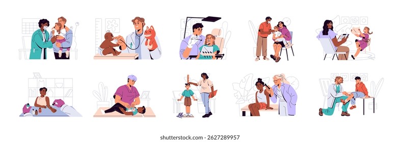 Os pediatras examinam o conjunto de crianças. Os médicos se preocupam com a saúde das crianças. Os médicos fazem o exame médico de bebês no hospital, os terapeutas trabalham na clínica pediátrica. Ilustrações isoladas planas de vetor em branco