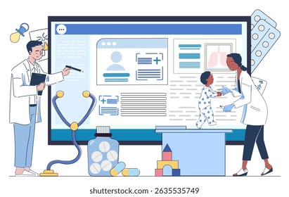Pediatricians examining a child with medical records on a large screen, surrounded by pills, stethoscope, and toys, on white background. Concept of child healthcare. Vector illustration