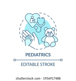 Pediatrics blue concept icon. Children healthcare. Professional clinical support for kids. Family doctor idea thin line illustration. Vector isolated outline RGB color drawing. Editable stroke