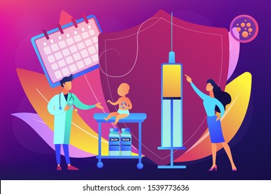 Pediatrics and childcare. Doctor give injection. Infant and child vaccines, newborn vaccination schedule, protection from childhood diseases concept. Bright vibrant violet vector isolated illustration
