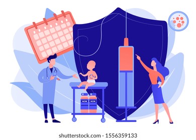 Pediatrics and childcare. Doctor give injection. Infant and child vaccines, newborn vaccination schedule, protection from childhood diseases concept. Pinkish coral bluevector vector isolated