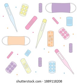 Pediatrics. Children's plaster, mask, thermometer, children's medicines. On a white background, flat.