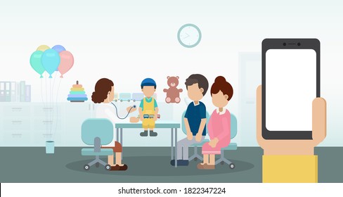 Pediatrics clinic with blank screen mobile phone and pediatrician and child patient flat design vector illustration