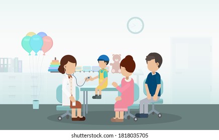 Pediatrics clinic with pediatrician and child patient flat design vector illustration