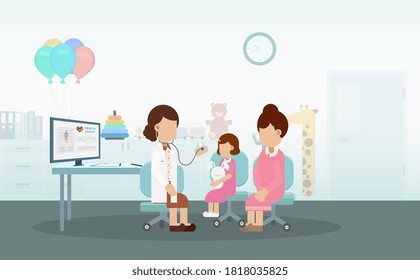 Pediatrics clinic with pediatrician and child patient flat design vector illustration