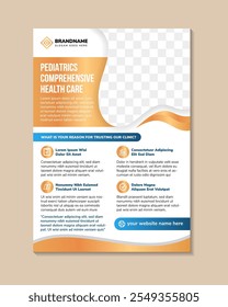 Pediatrics comprehensive health care clinic flyer design template, medical therapy flyer, Children counseling poster leaflet template.  brochure on vertical layout with photo space. white background.